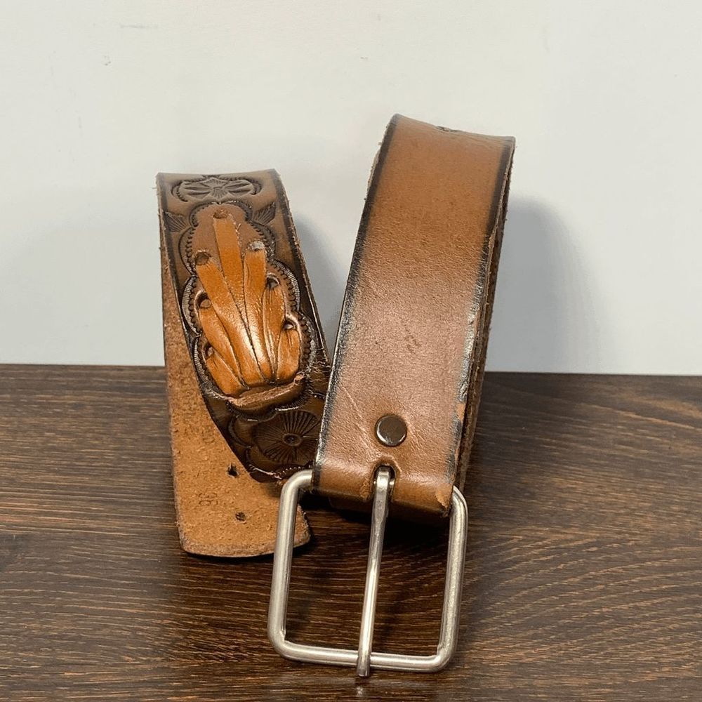 Handmade Western Leather Belt Adjustable Buckle Brown Size 33-38''